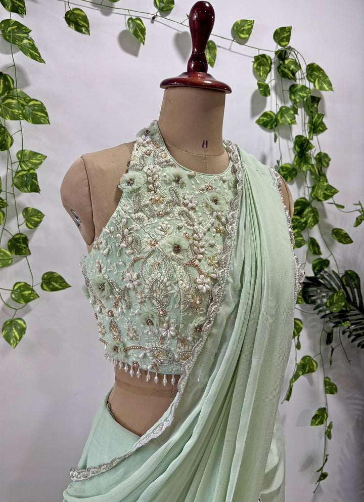 Mint Green Georgette Pre-Draped Saree