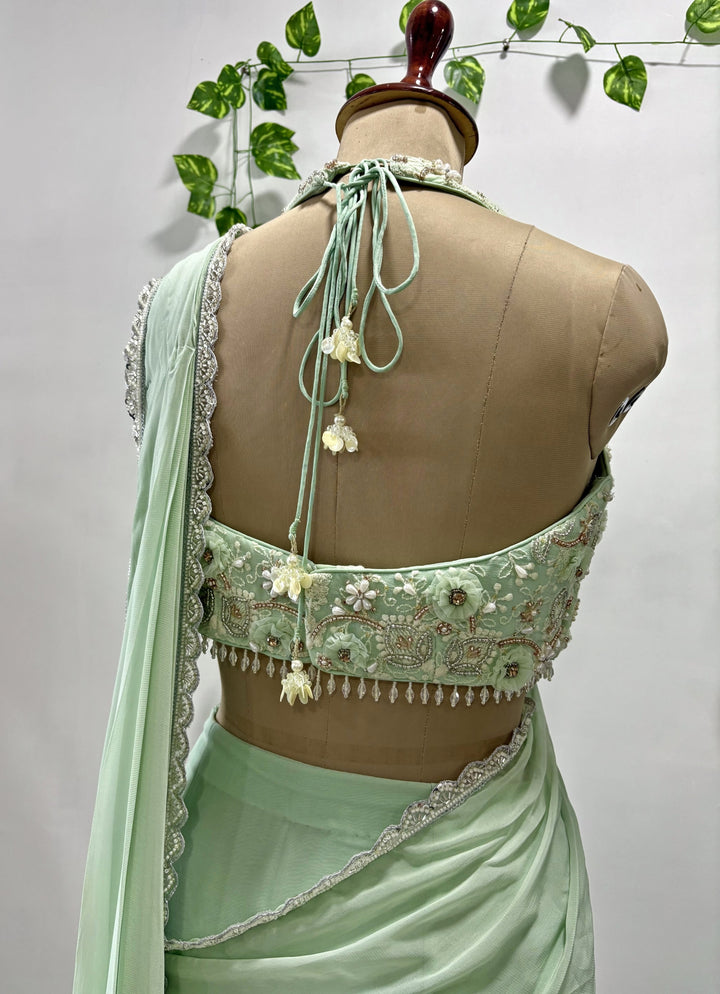 Mint Green Georgette Pre-Draped Saree