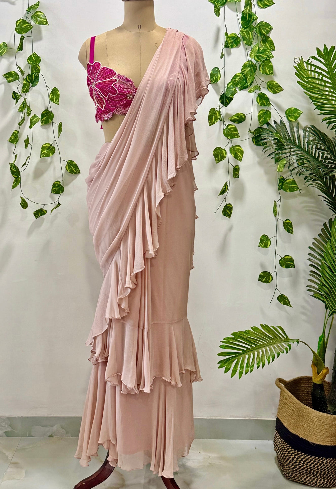 Dusty Pink Georgette Ruffle Saree