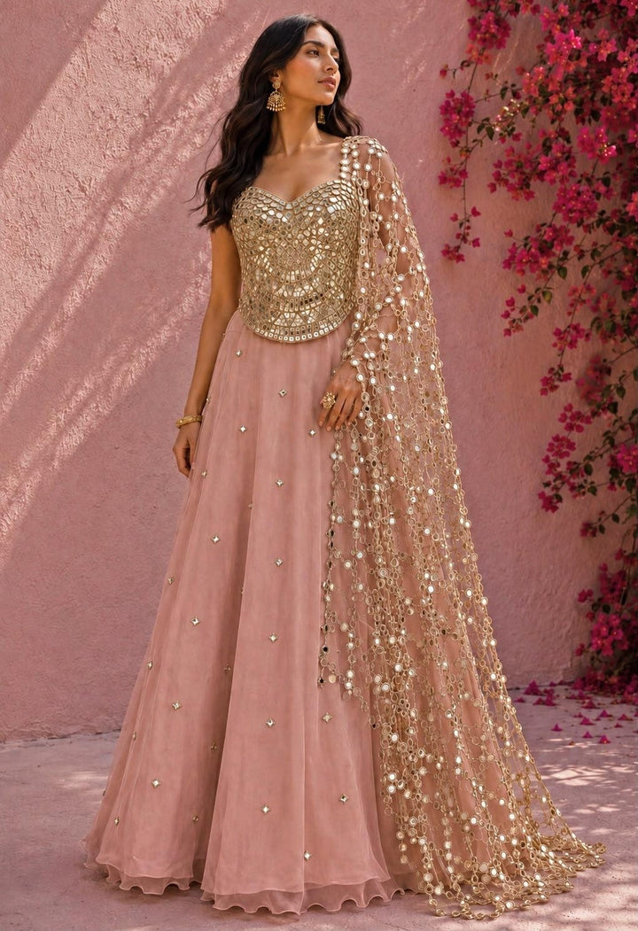 Pastel Pink and Rose Gold Organza Lehenga with Corset Blouse