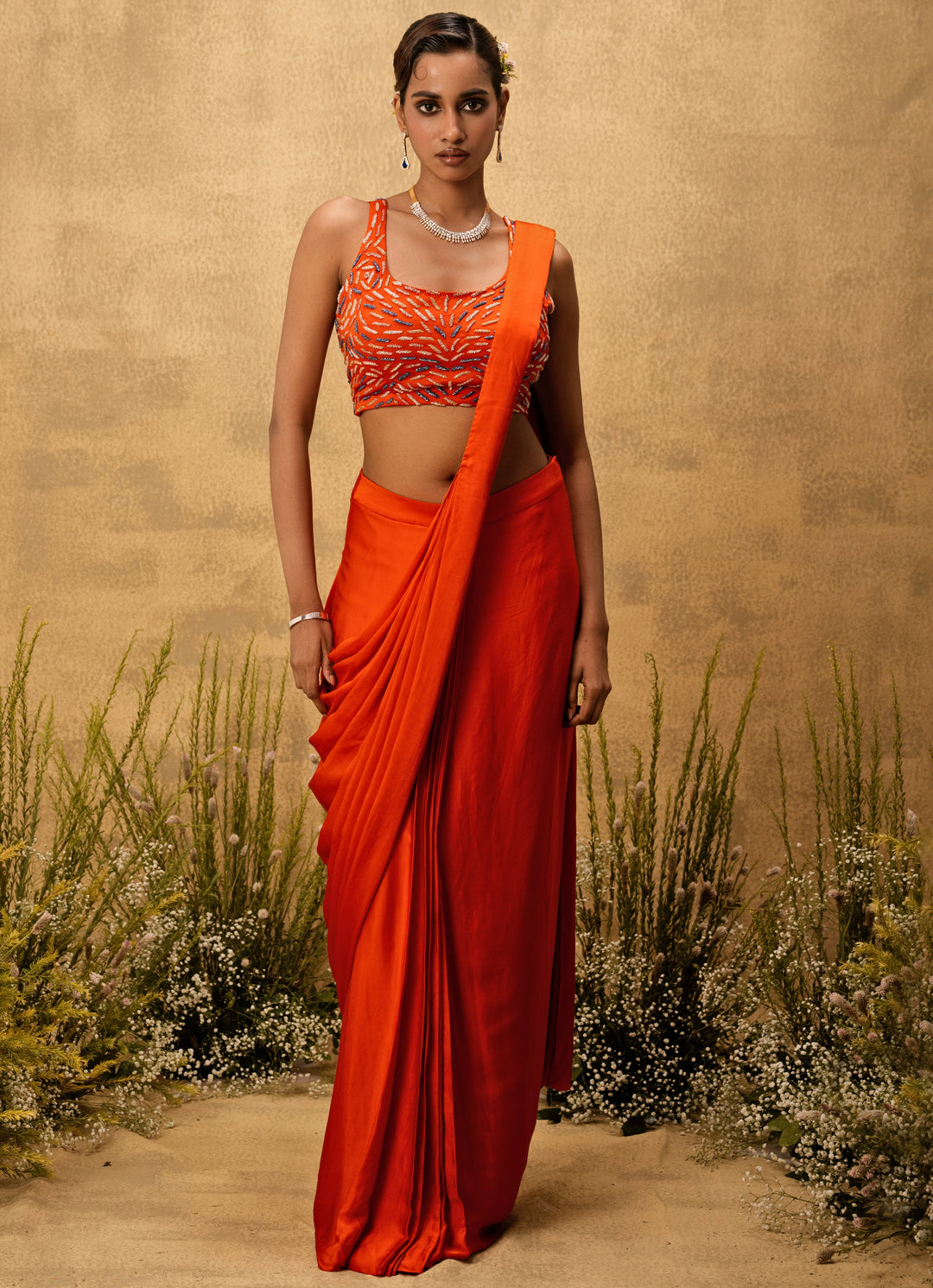 Orange Predraped Satin Saree
