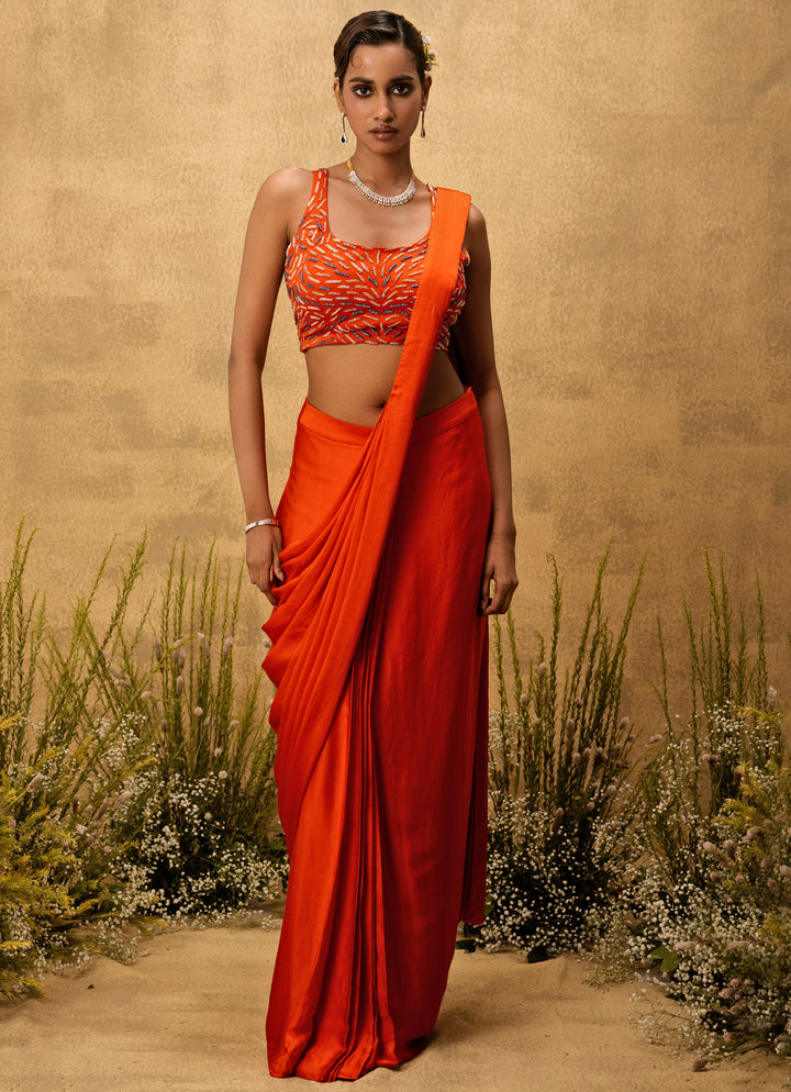 Orange Predraped Satin Saree