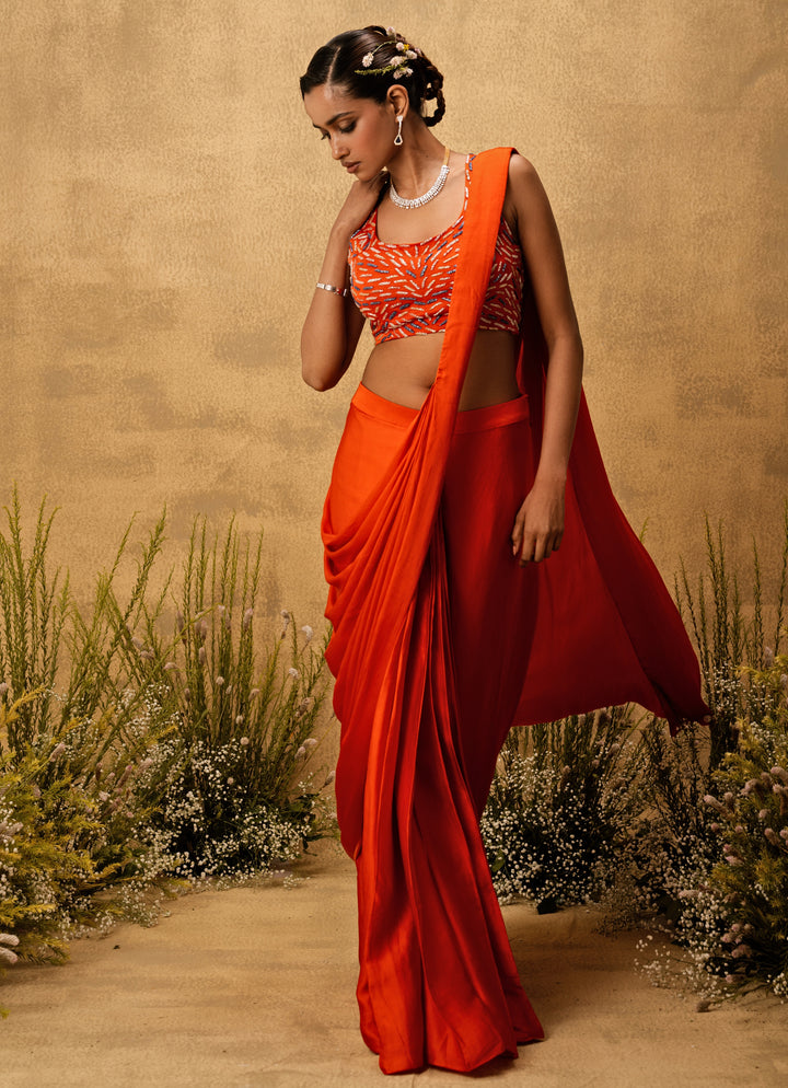 Orange Predraped Satin Saree