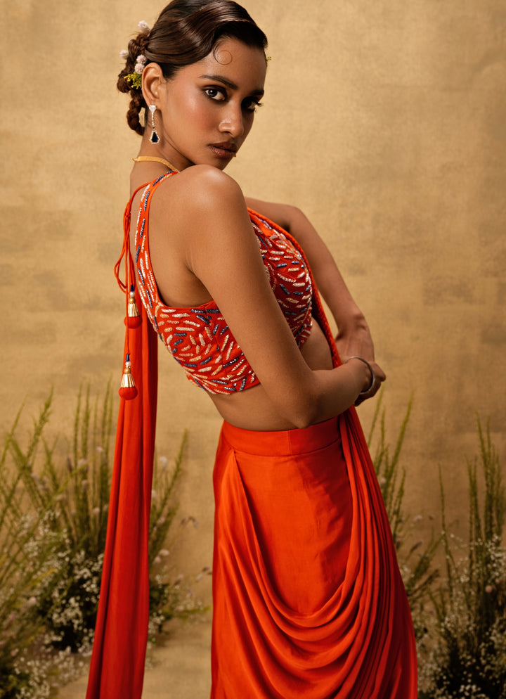 Orange Predraped Satin Saree