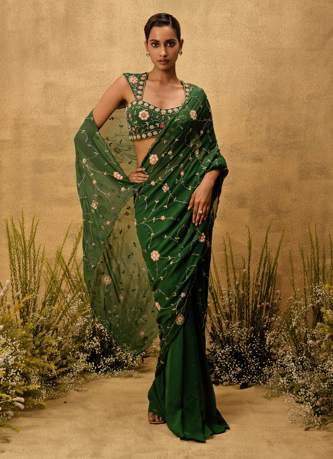 Emerald Green Predraped Georgette Saree