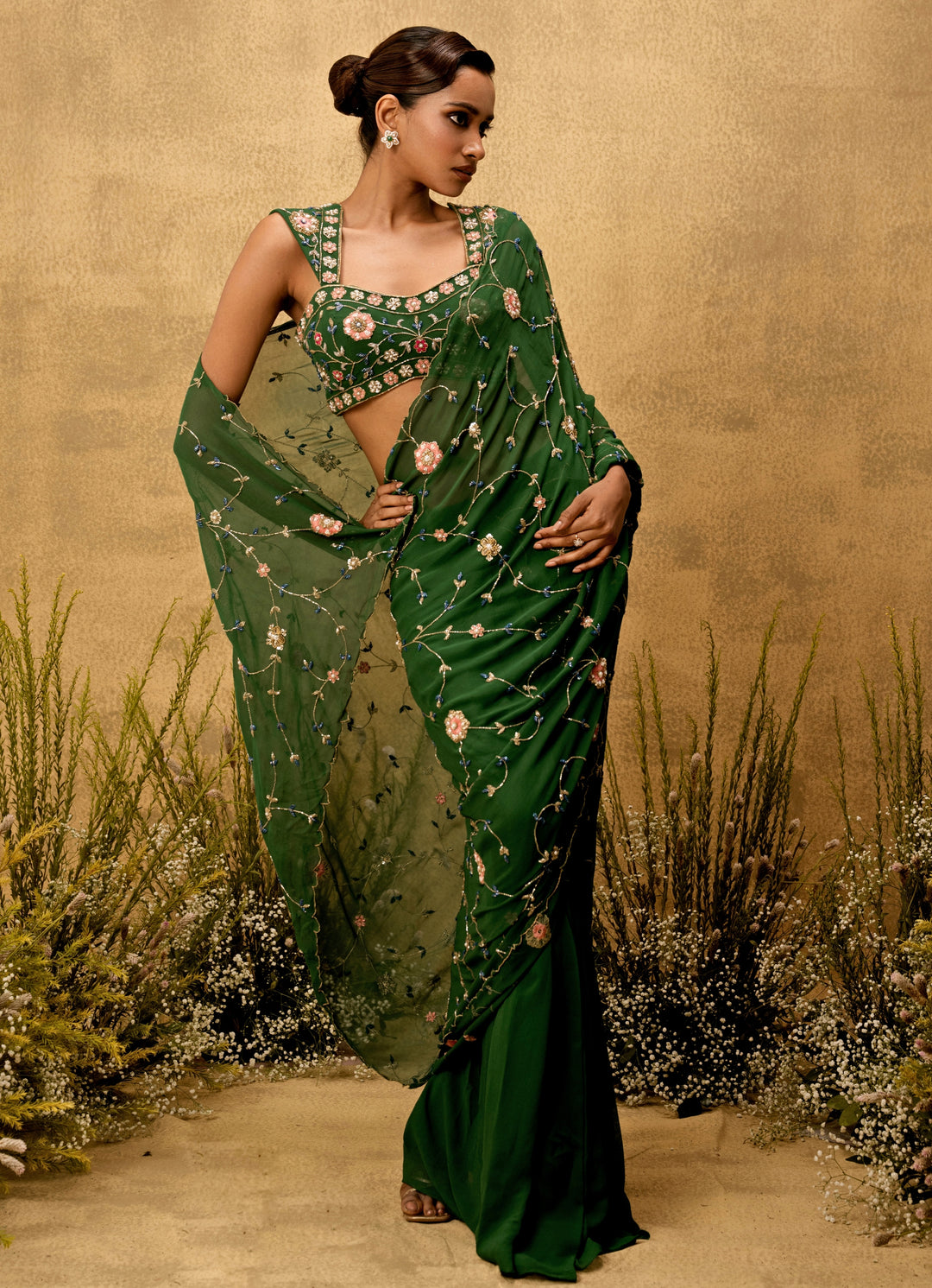Emerald Green Predraped Georgette Saree