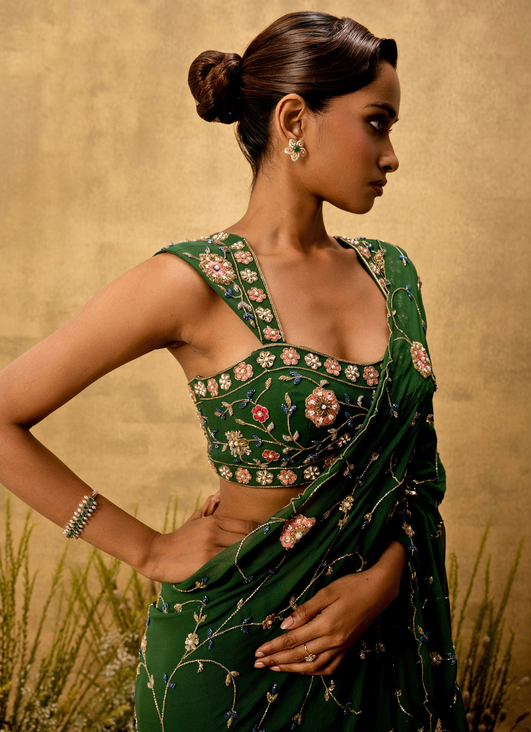 Emerald Green Predraped Georgette Saree