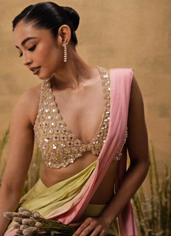 Pastel Pink And Green Predraped Satin Saree
