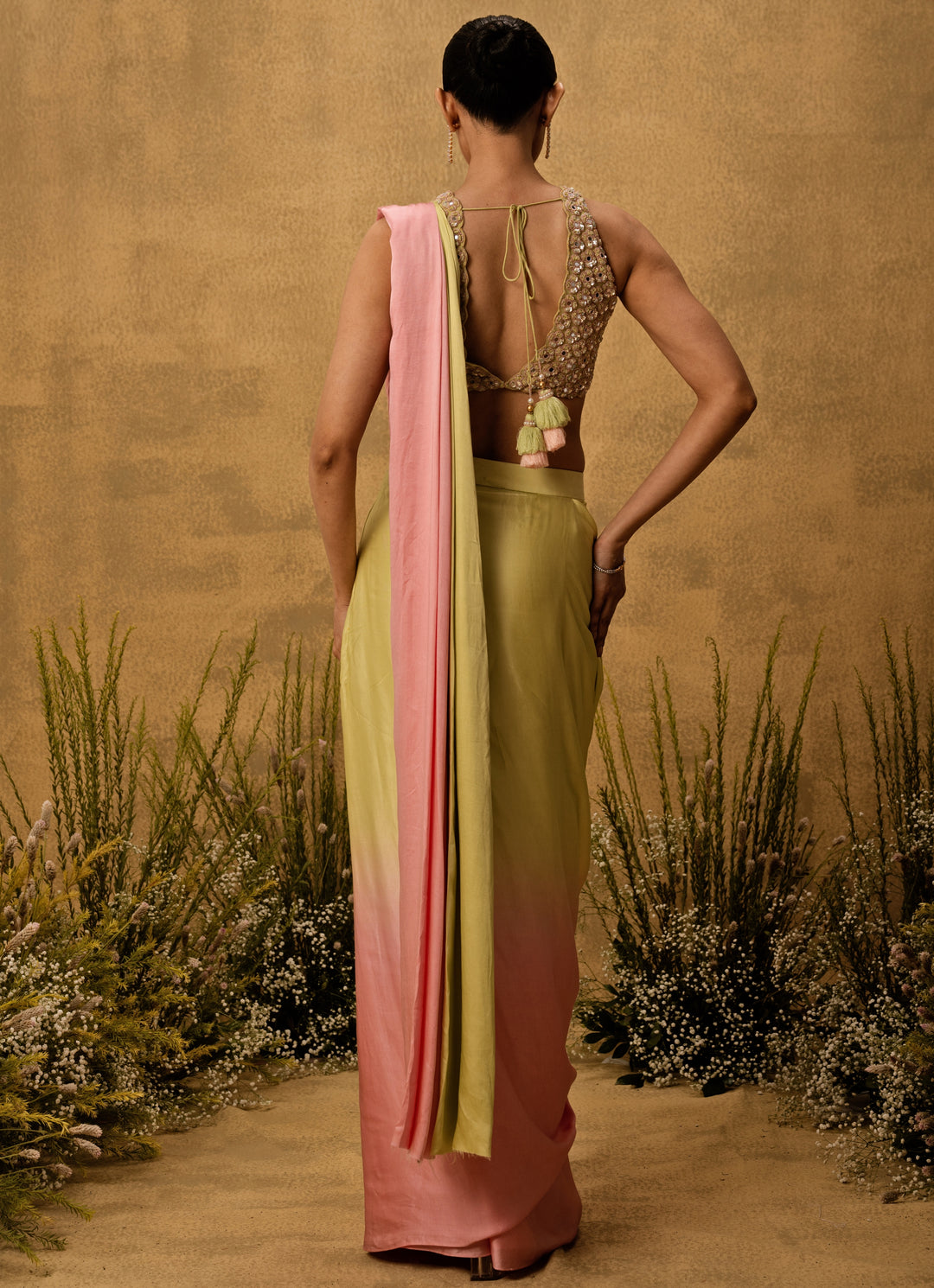 Pastel Pink And Green Predraped Satin Saree