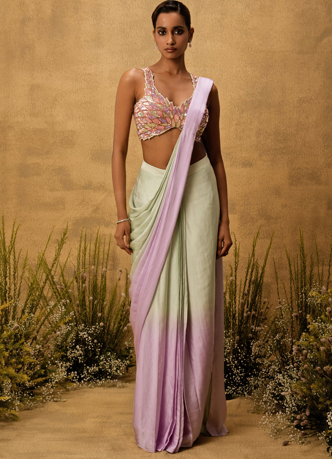 Mint Green And Lilac Predraped Satin Saree
