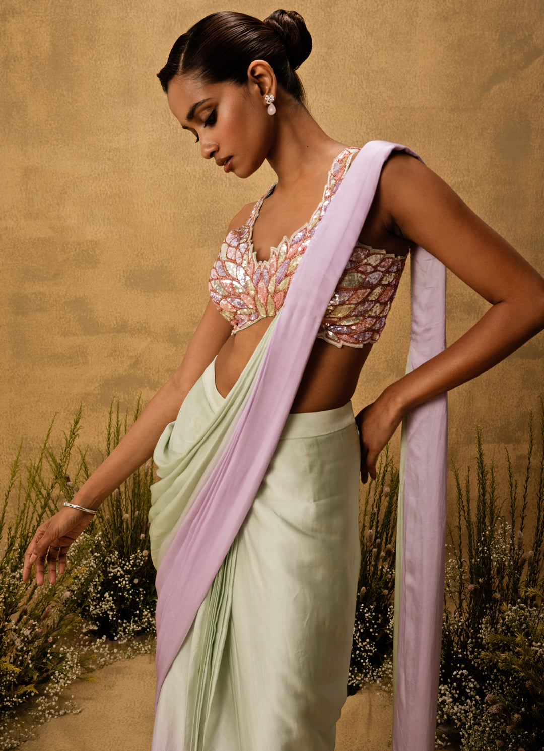 Mint Green And Lilac Predraped Satin Saree
