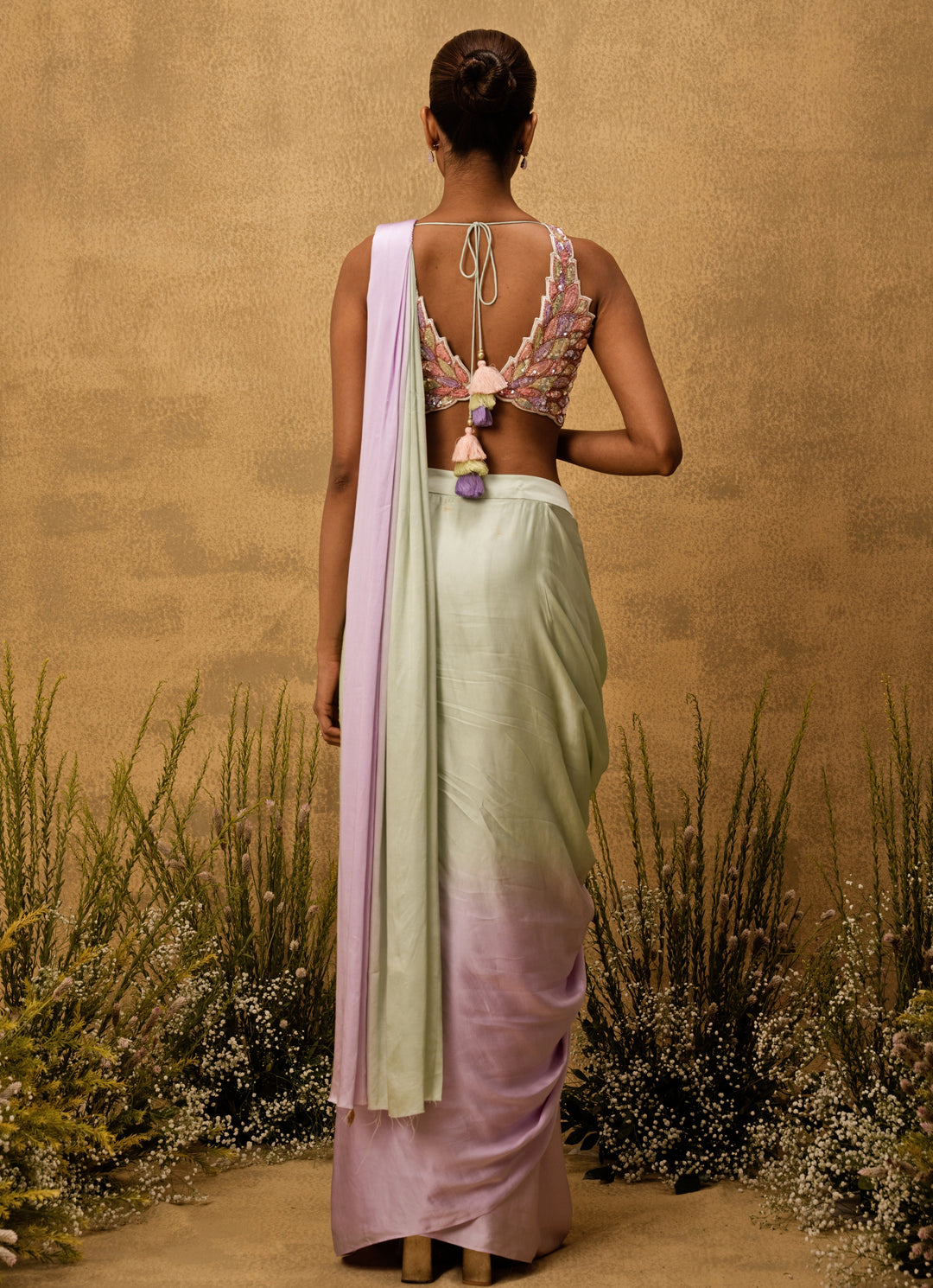 Mint Green And Lilac Predraped Satin Saree
