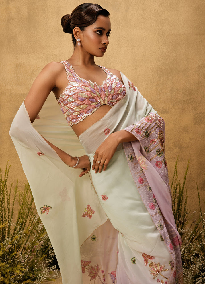 Pastel Mint Green And Lilac Predraped Organza Saree
