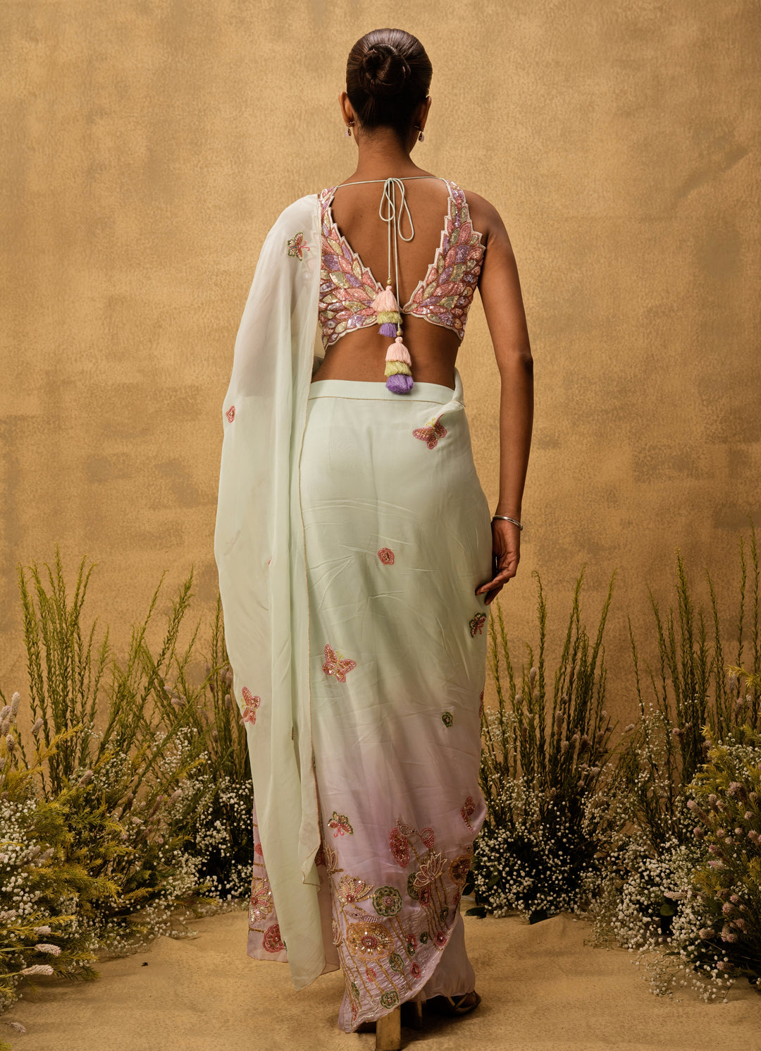 Pastel Mint Green And Lilac Predraped Organza Saree