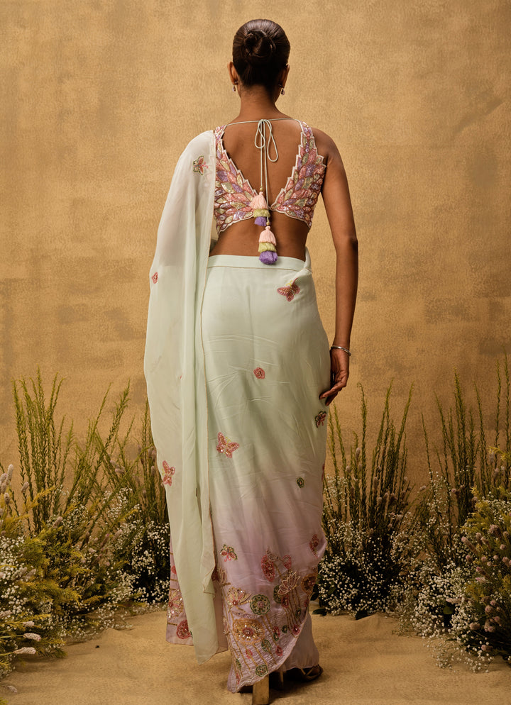 Pastel Mint Green And Lilac Predraped Organza Saree