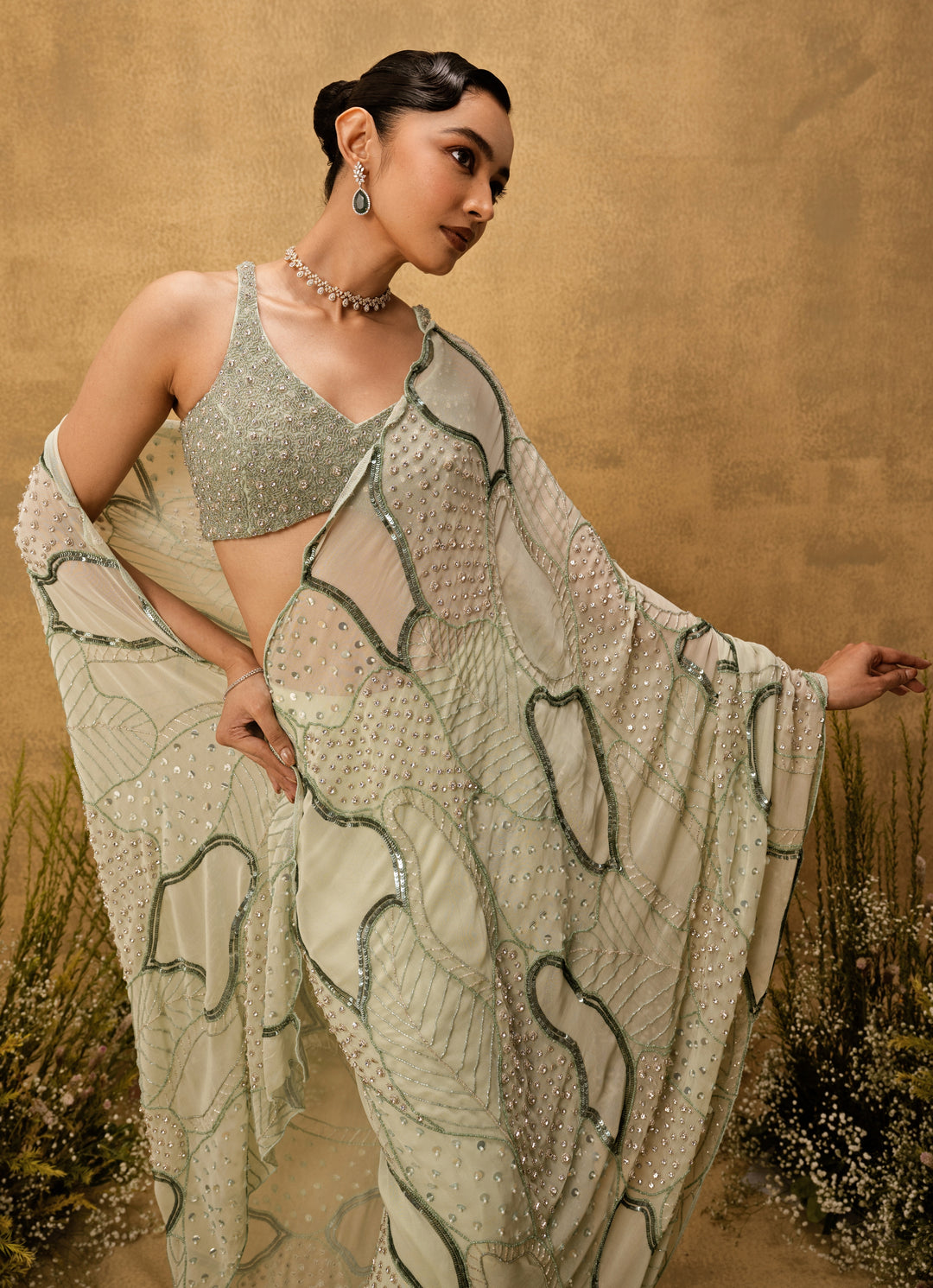Mint Green Predraped Georgette Saree