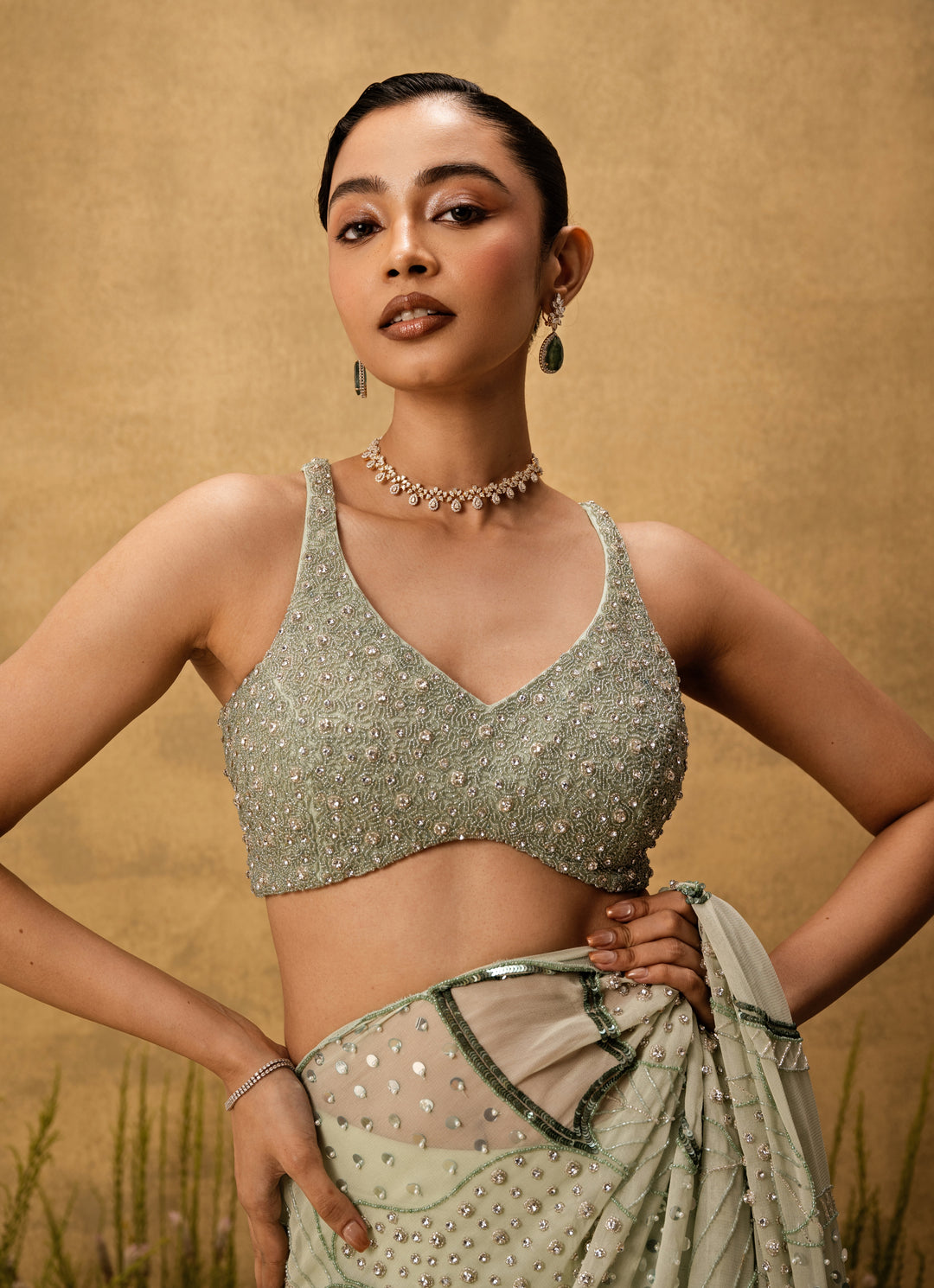 Mint Green Predraped Georgette Saree