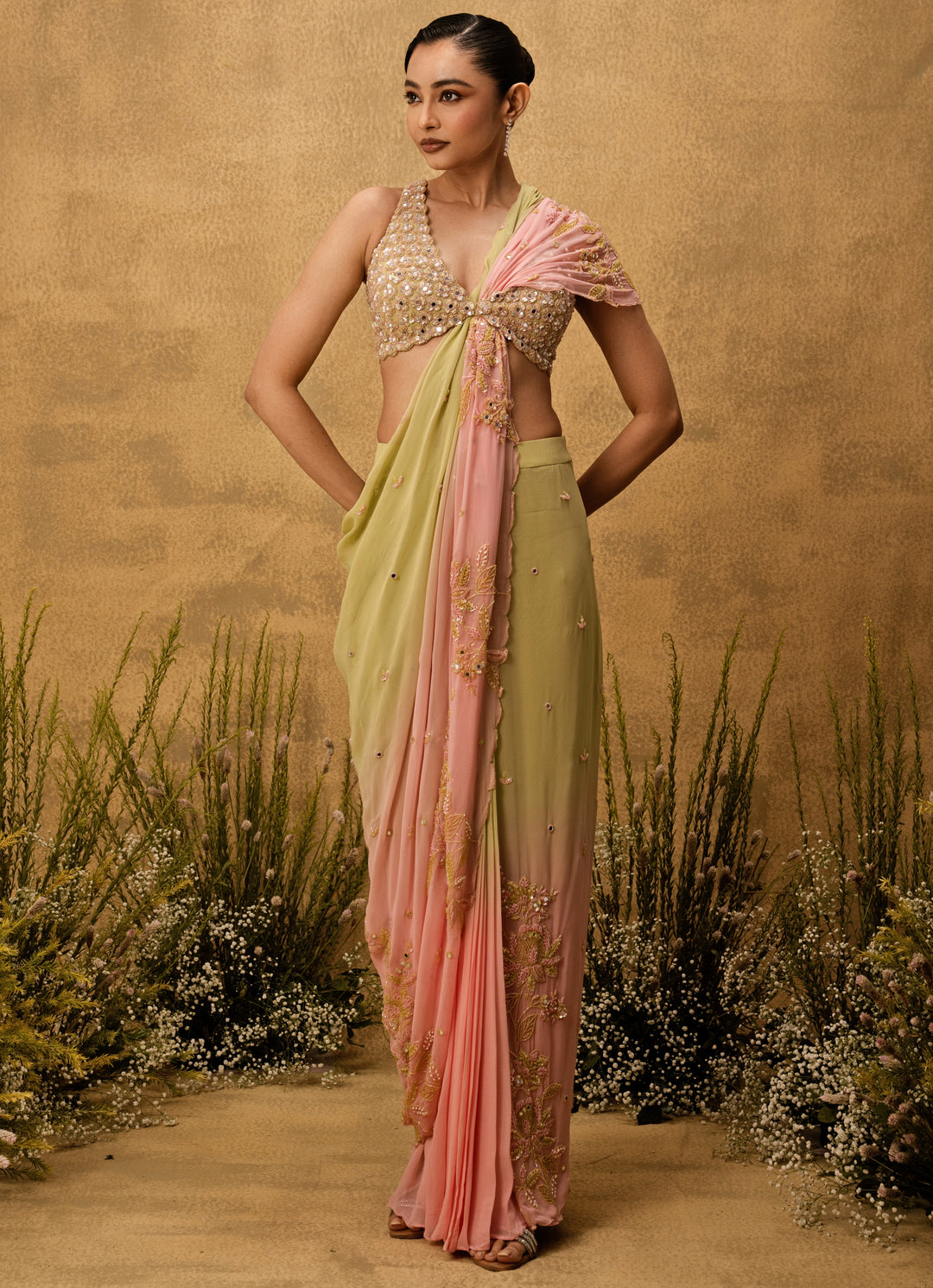 Pastel Pink And Mint Medley Predraped Georgette Saree