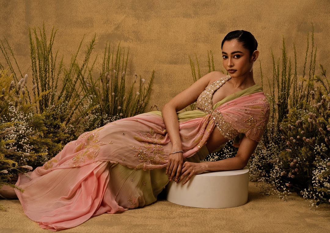 Pastel Pink And Mint Medley Predraped Georgette Saree