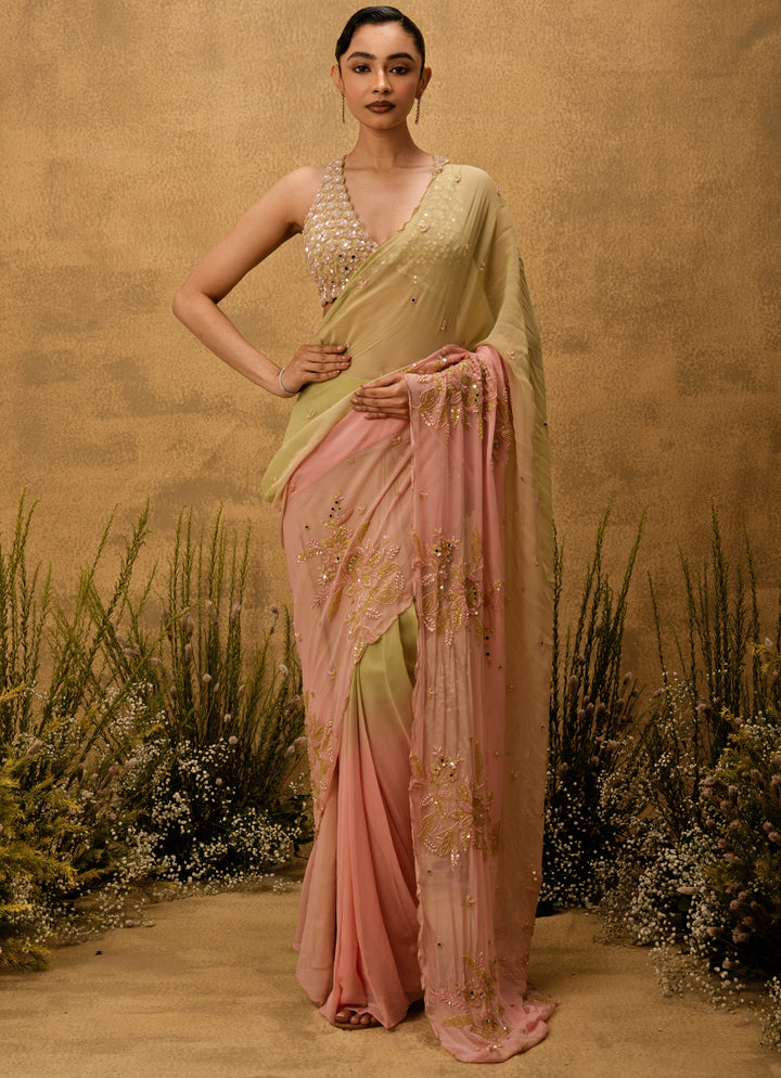 Pastel Pink And Mint Medley Predraped Georgette Saree