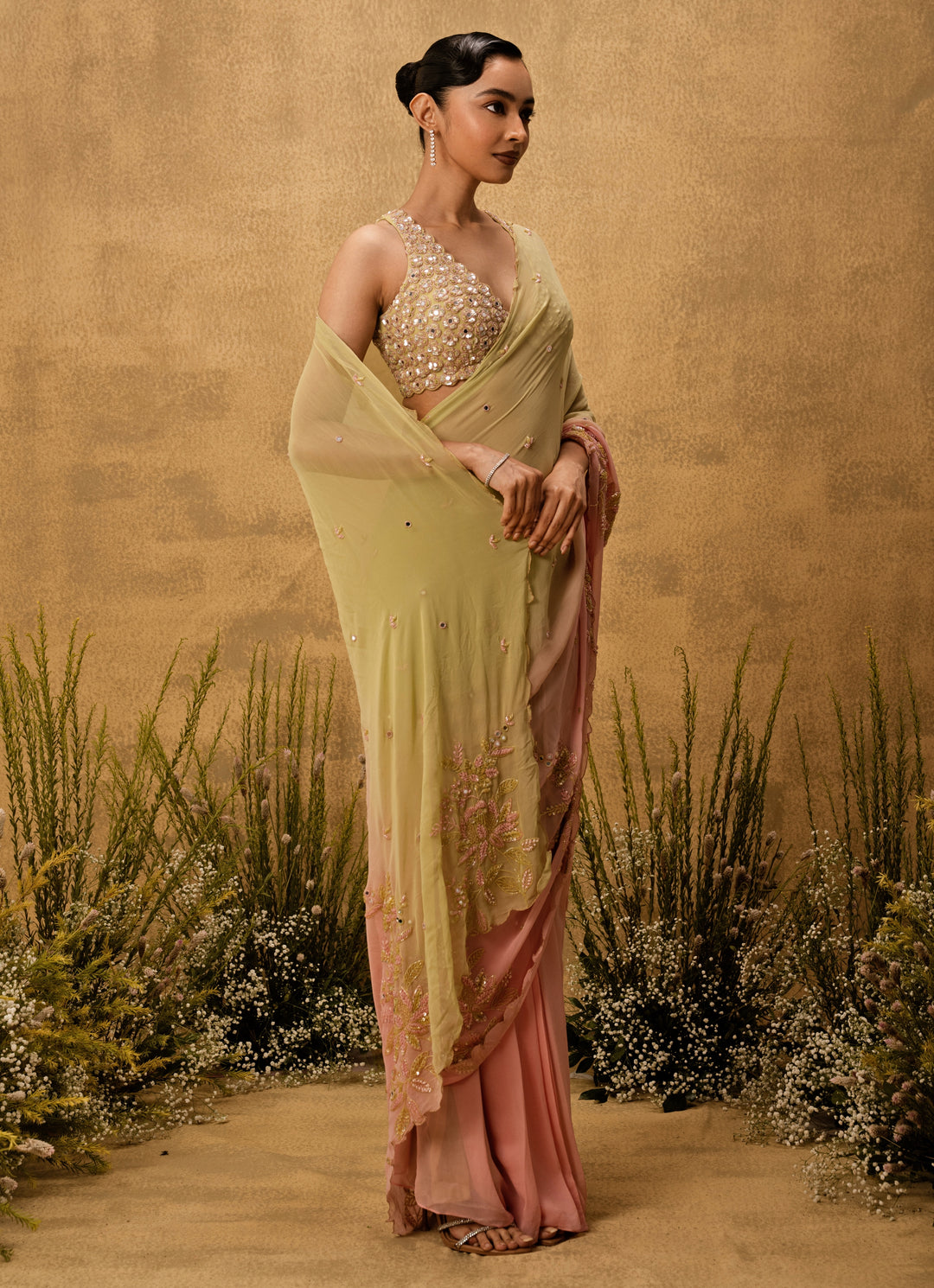 Pastel Pink And Mint Medley Predraped Georgette Saree