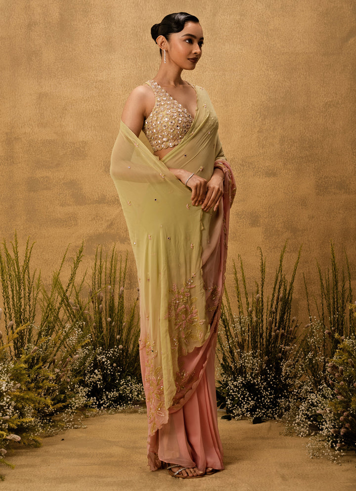 Pastel Pink And Mint Medley Predraped Georgette Saree