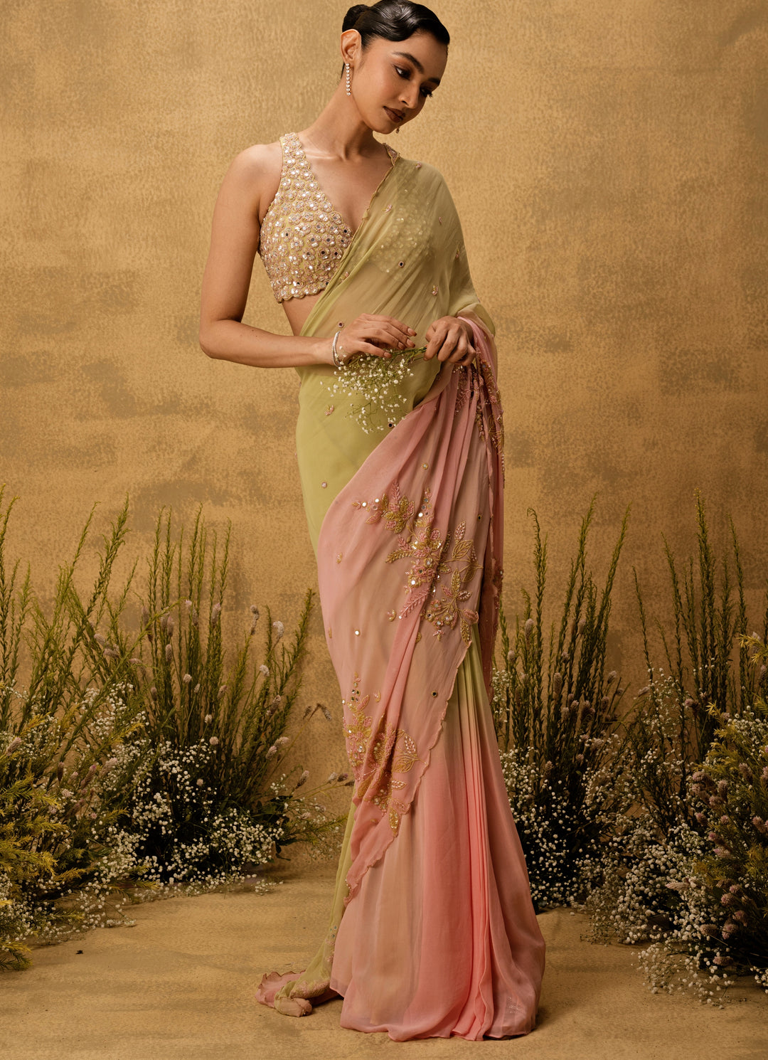 Pastel Pink And Mint Medley Predraped Georgette Saree