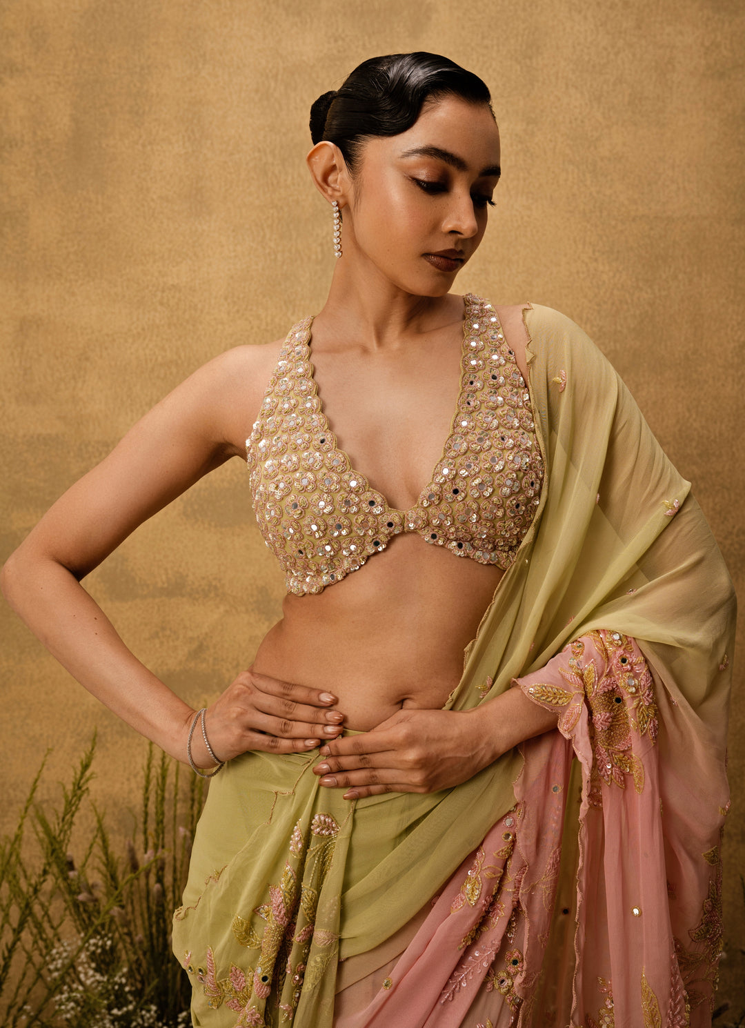 Pastel Pink And Mint Medley Predraped Georgette Saree