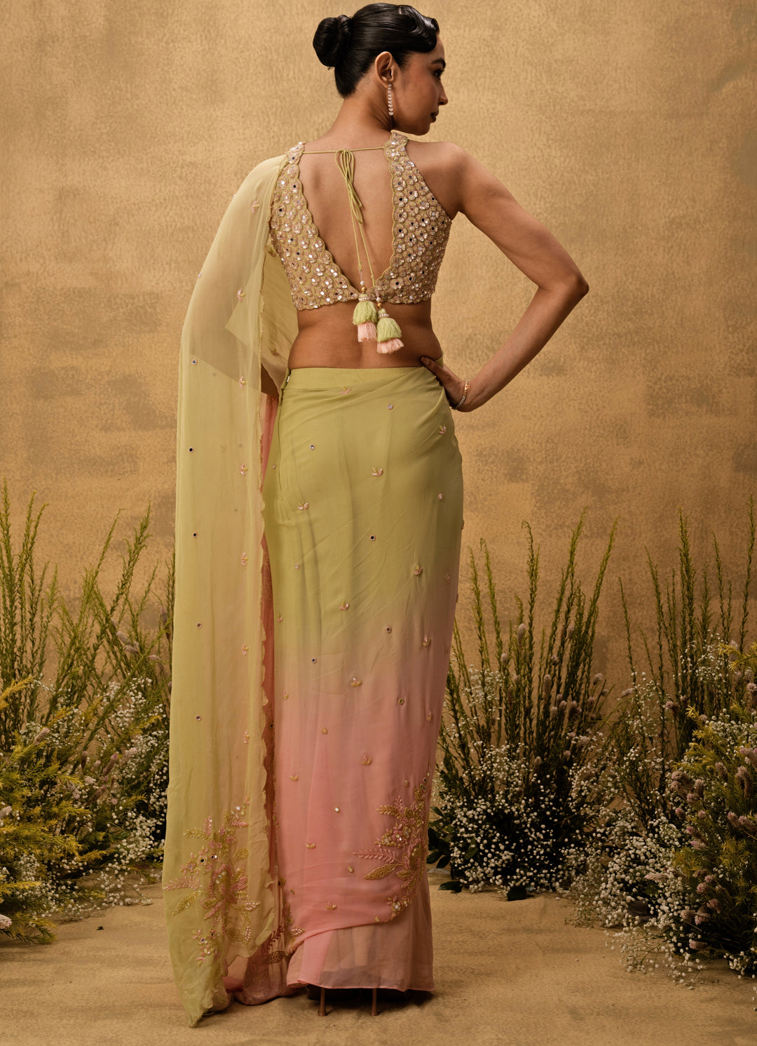 Pastel Pink And Mint Medley Predraped Georgette Saree