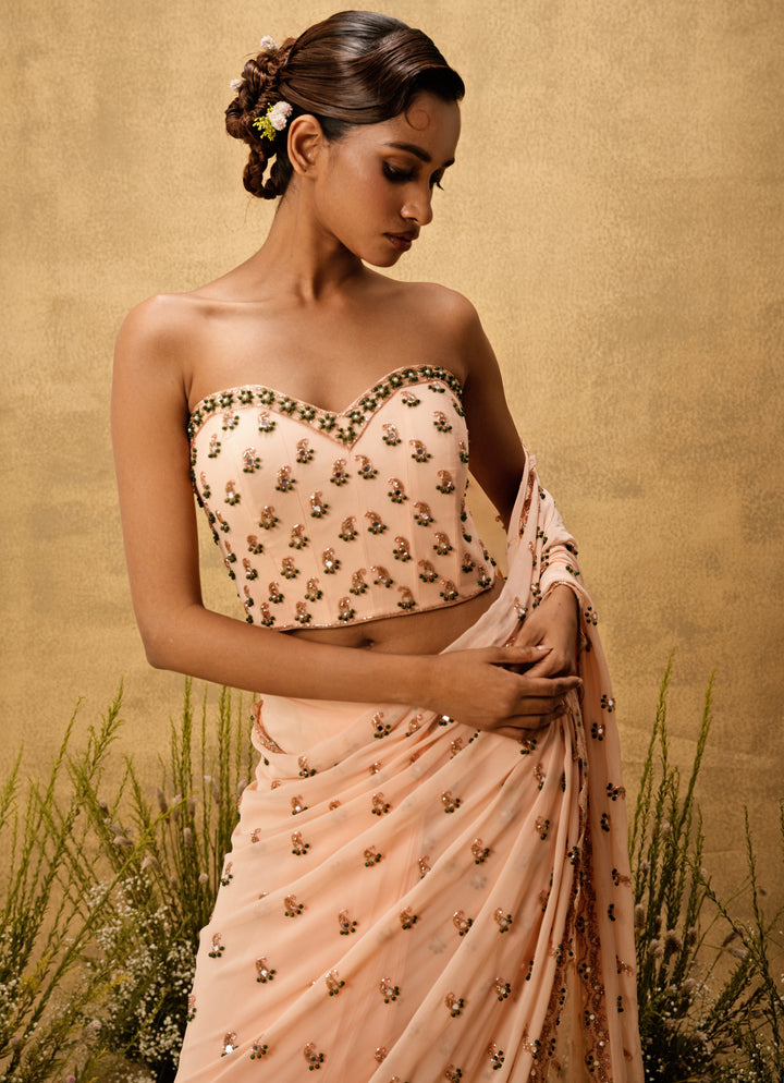 Peach Predraped Georgette Saree With Corset Blouse
