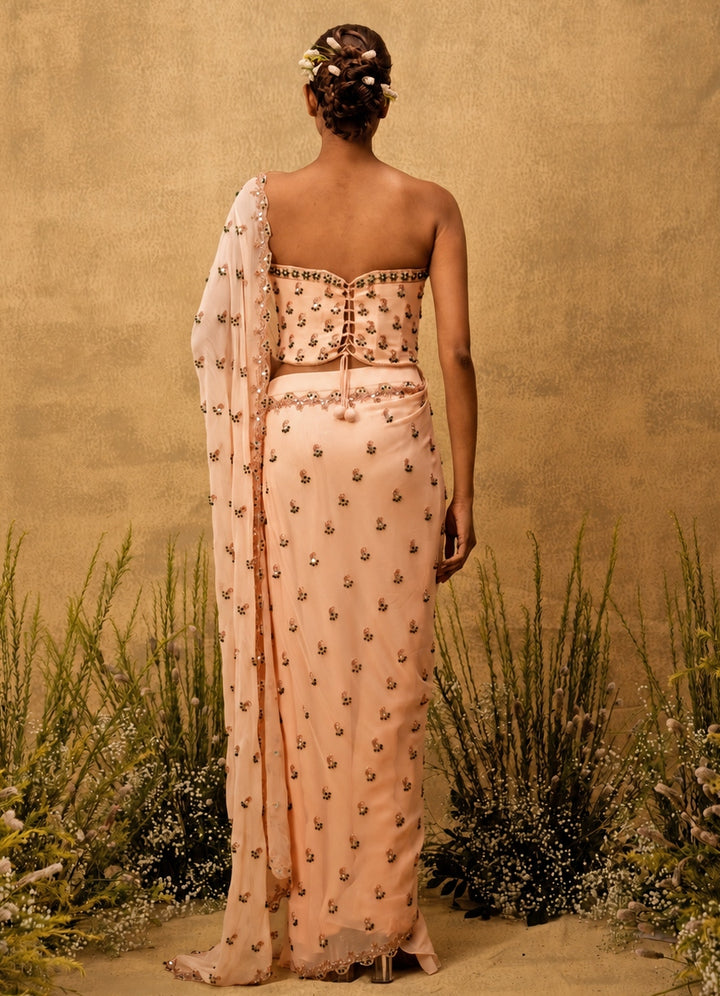 Peach Predraped Georgette Saree With Corset Blouse
