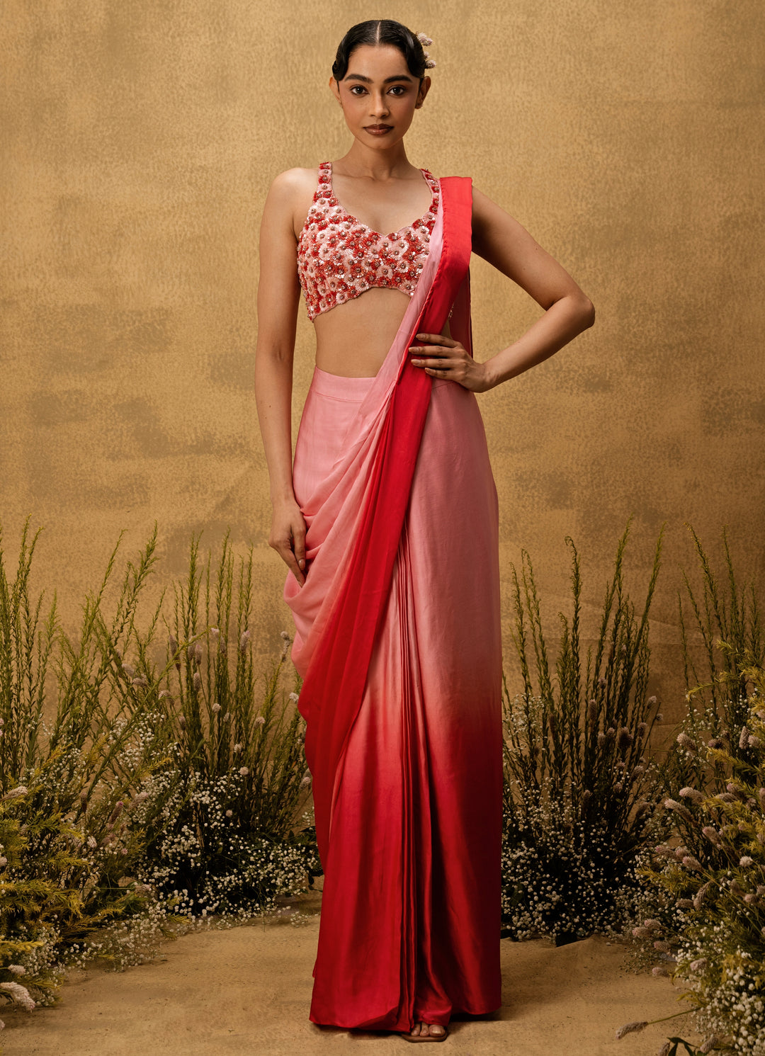 Pink Ombre Predraped Satin Saree