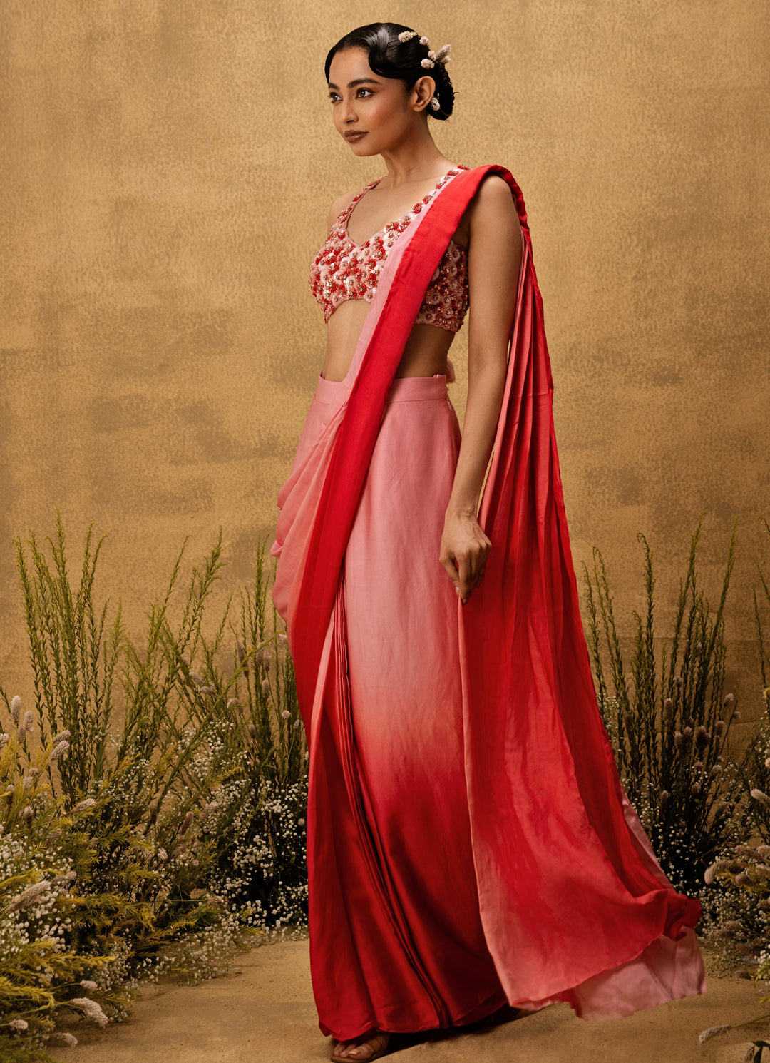 Pink Ombre Predraped Satin Saree