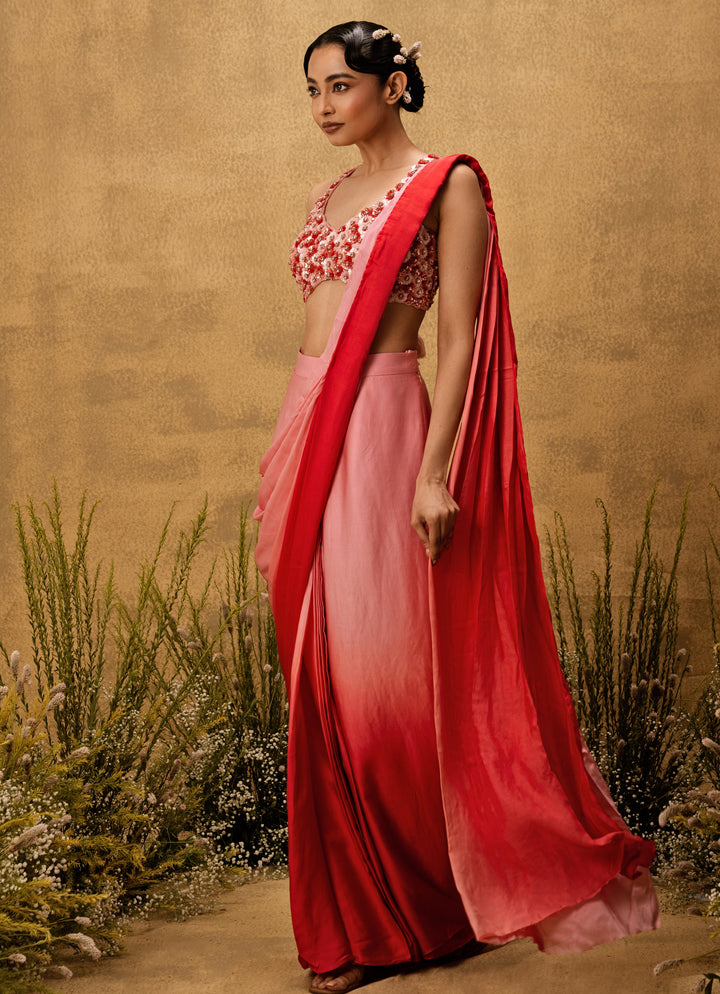 Pink Ombre Predraped Satin Saree