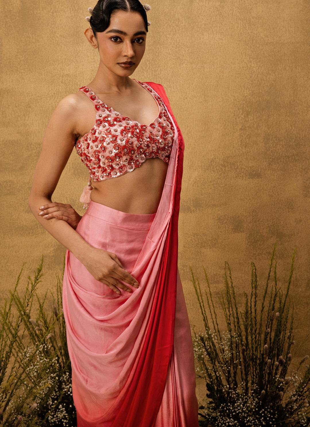 Pink Ombre Predraped Satin Saree