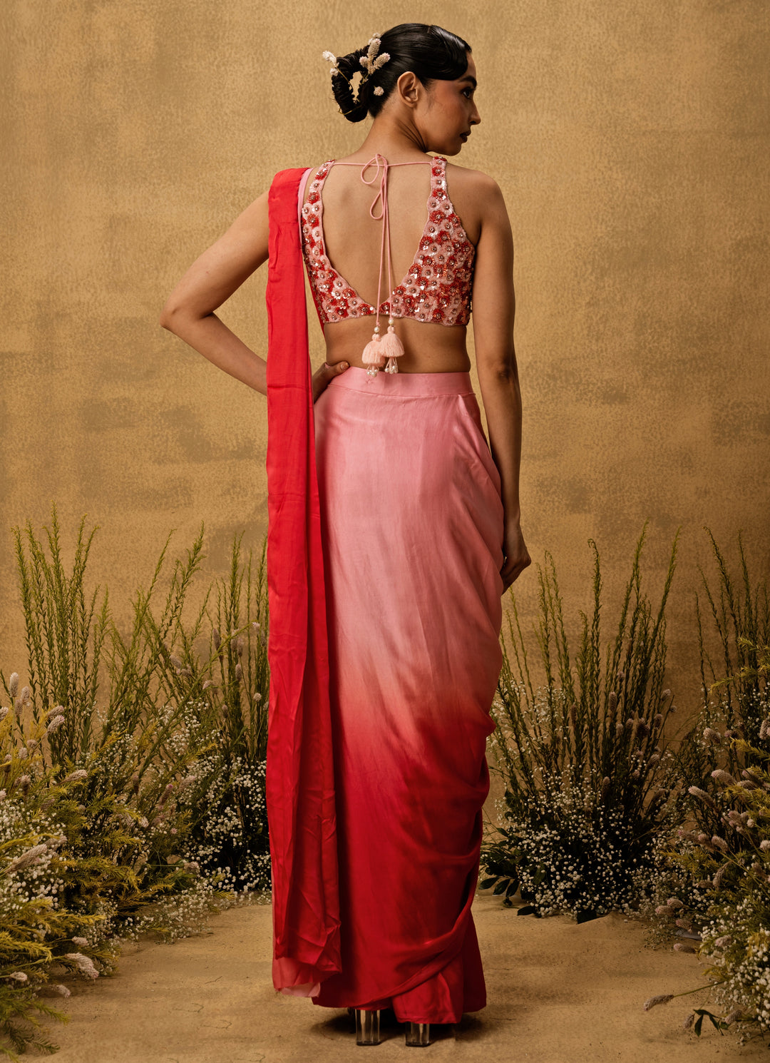 Pink Ombre Predraped Satin Saree
