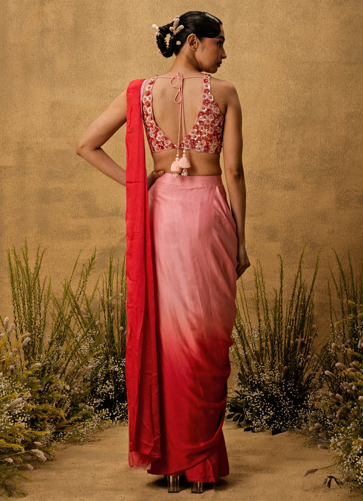 Pink Ombre Predraped Satin Saree