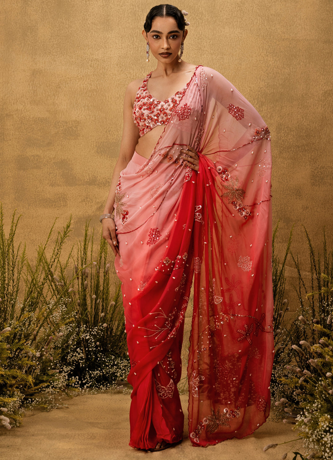Pink Ombre Predraped Organza Saree