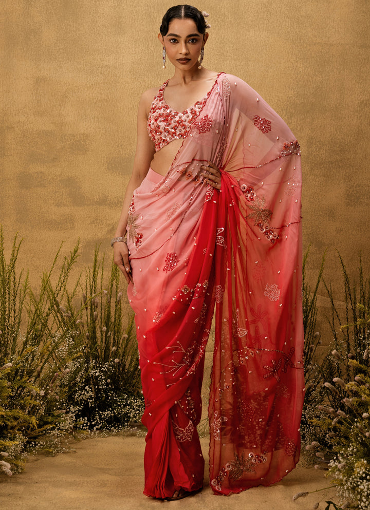 Pink Ombre Predraped Organza Saree