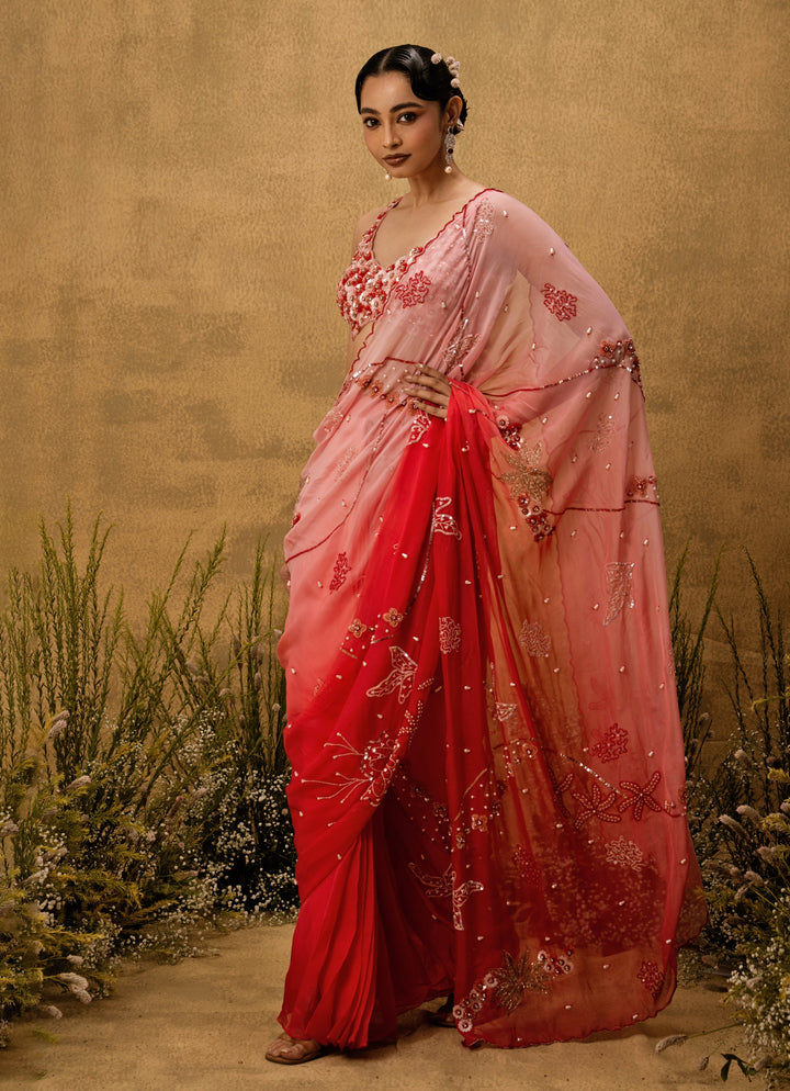 Pink Ombre Predraped Organza Saree