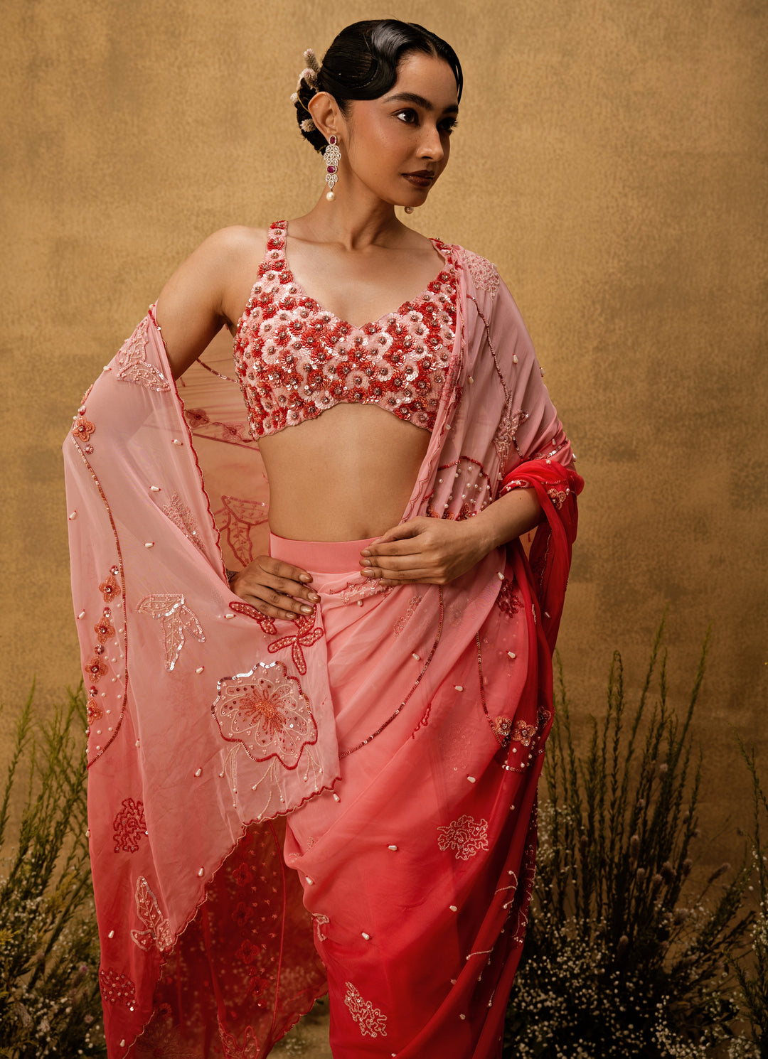 Pink Ombre Predraped Organza Saree