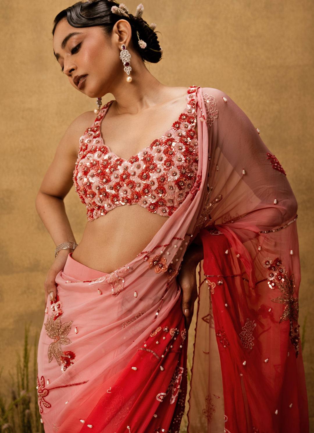 Pink Ombre Predraped Organza Saree