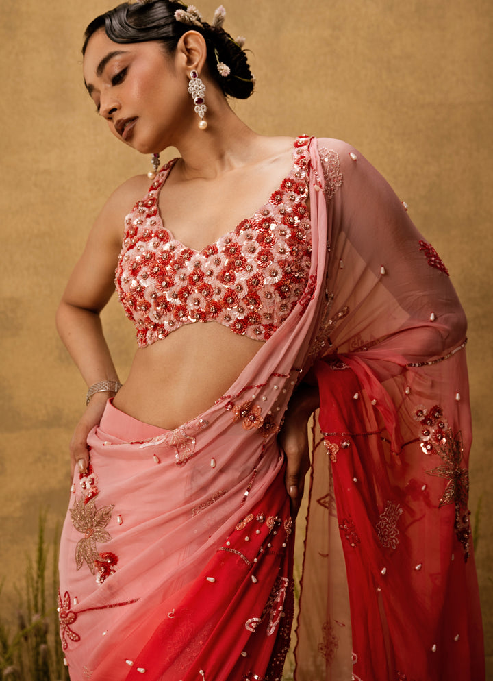 Pink Ombre Predraped Organza Saree
