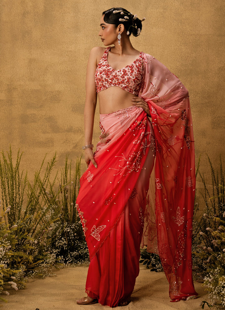 Pink Ombre Predraped Organza Saree