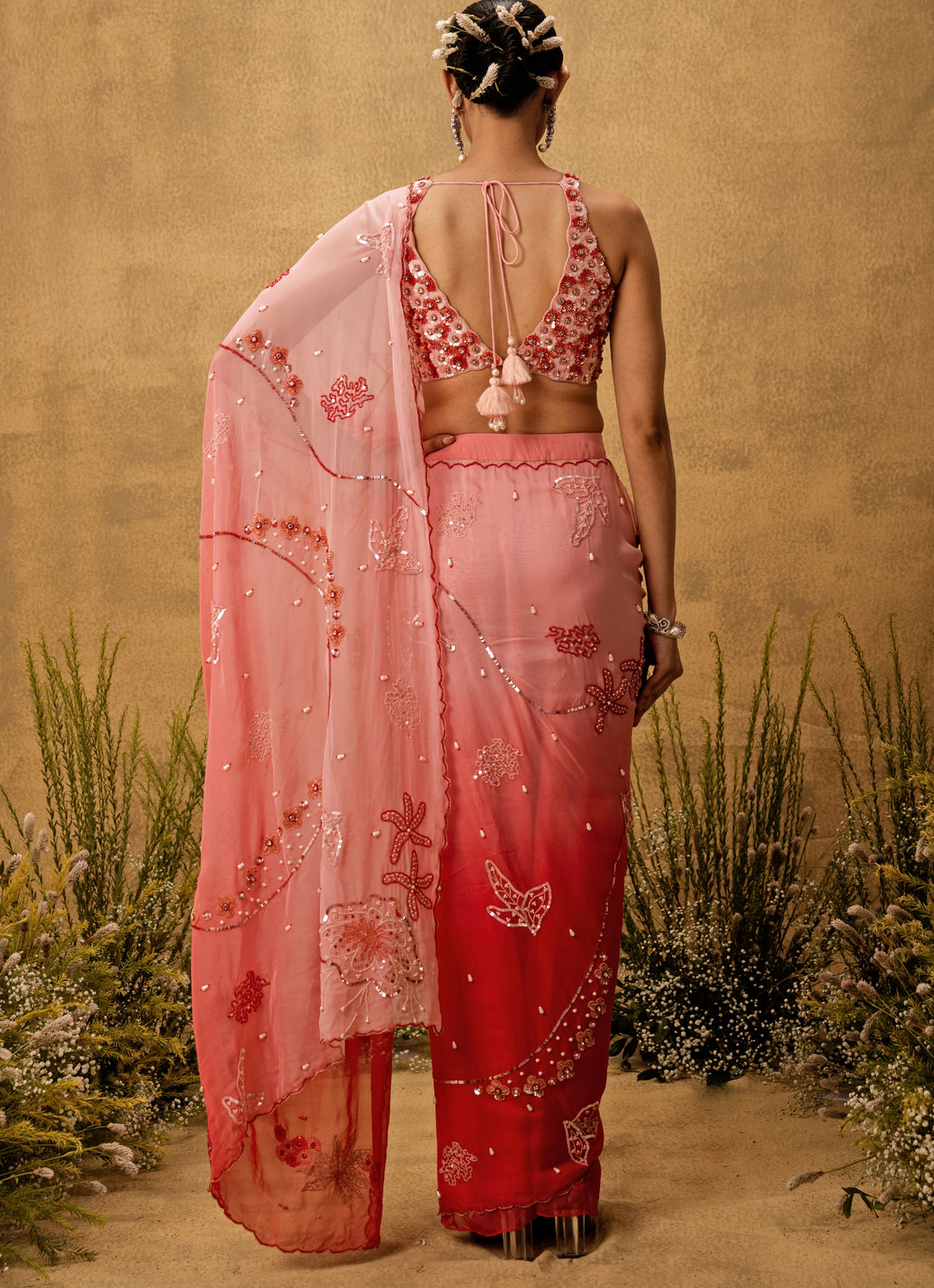 Pink Ombre Predraped Organza Saree