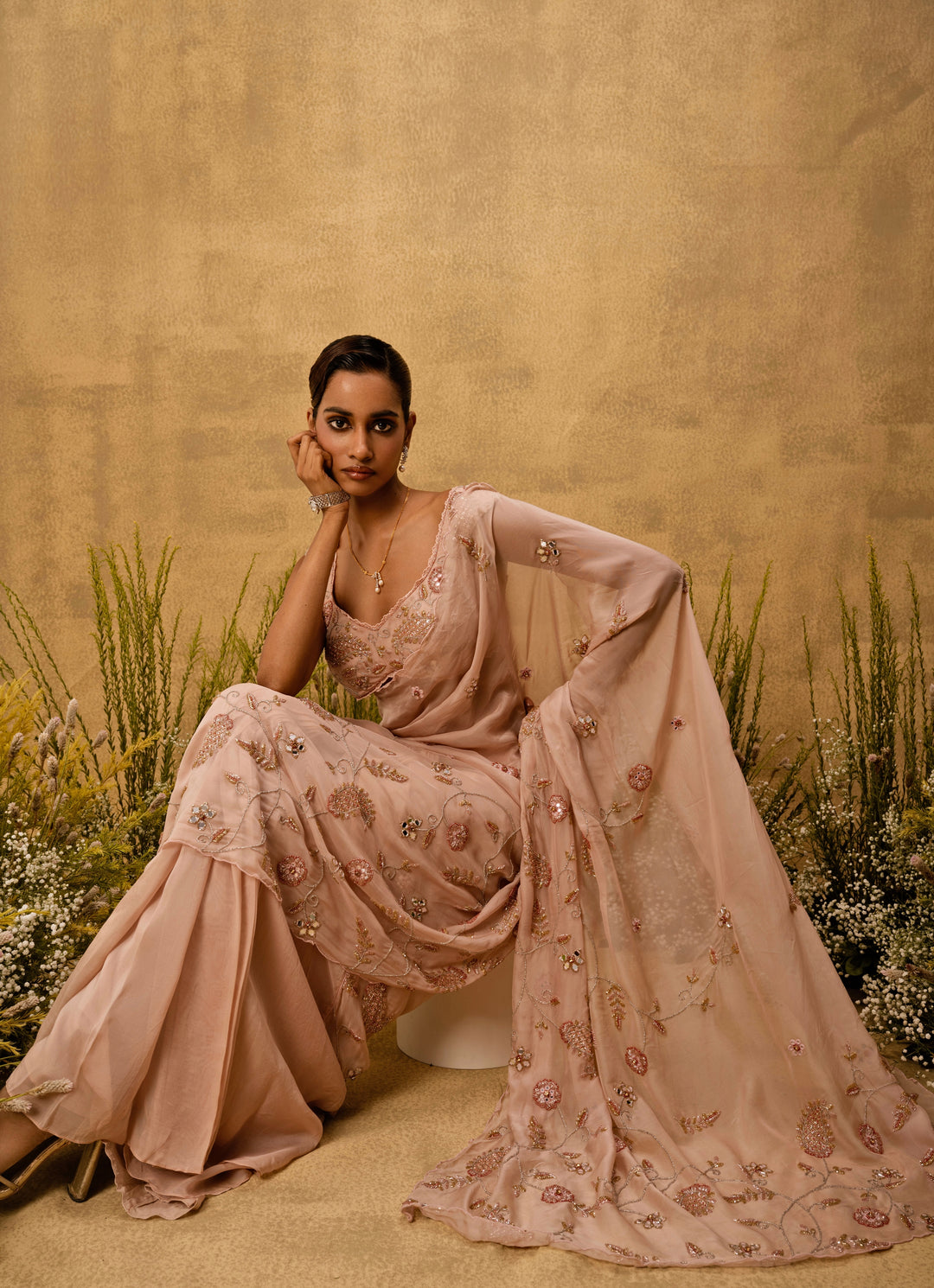 Pastel Pink Predraped Organza Saree