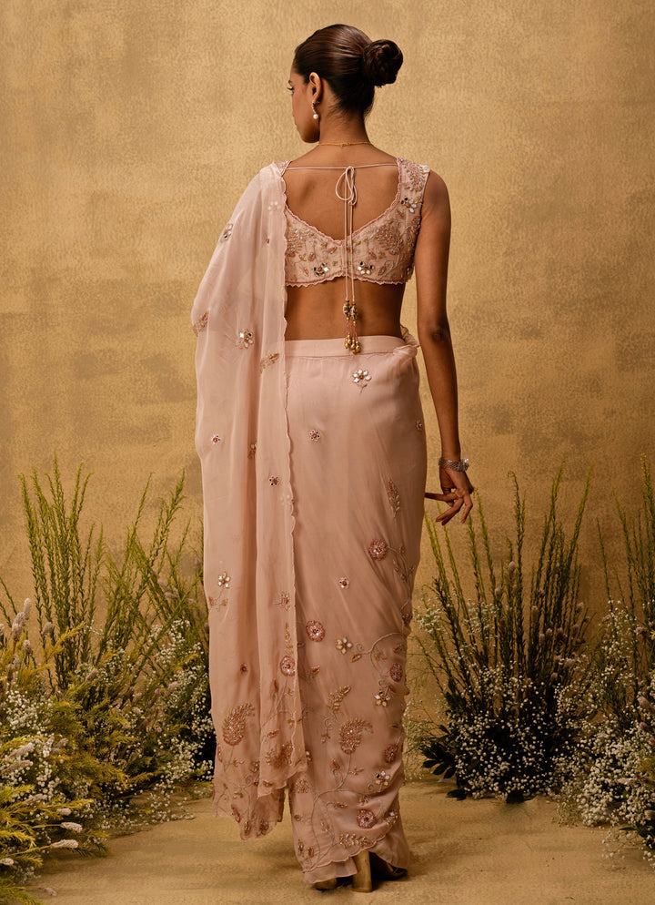 Pastel Pink Predraped Organza Saree