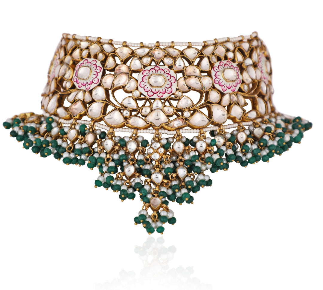 Pink Meenakari And Green Beaded Bridal Necklace Set