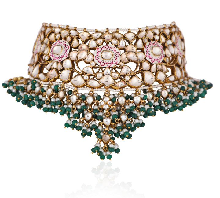 Pink Meenakari And Green Beaded Bridal Necklace Set