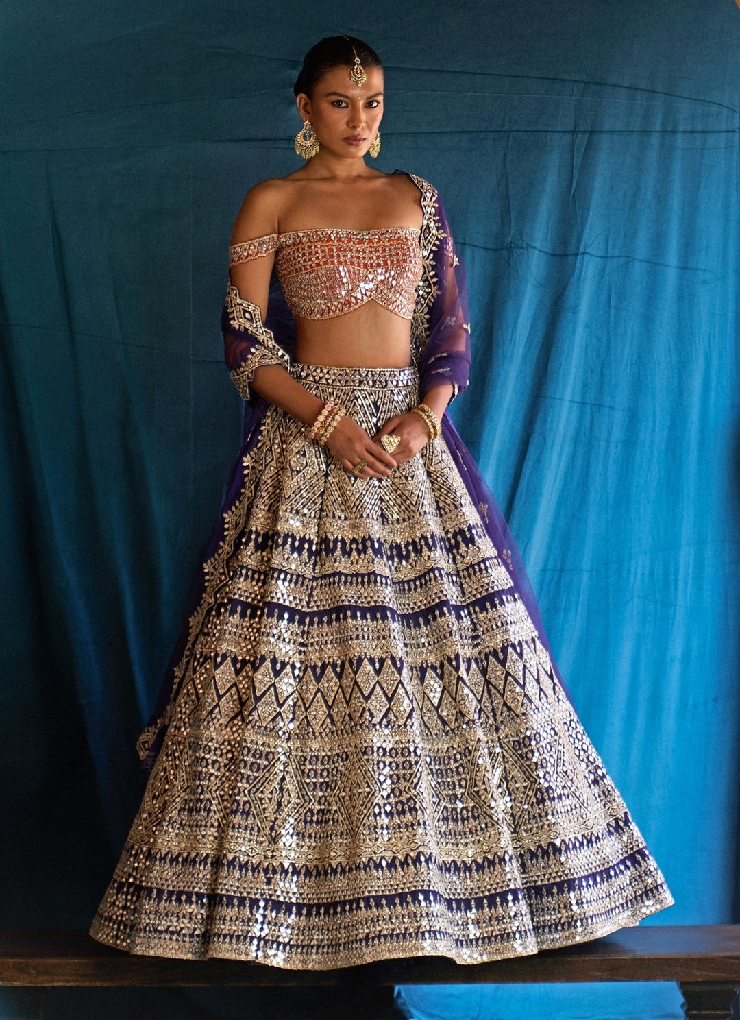 Midnight Blue And Orange Raw Silk Lehenga Set